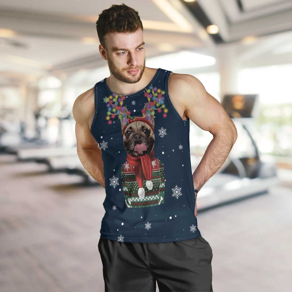 French Bulldog Reindeer Antlers Lights Men Tank Top with Red Green Winter Pattern Design - Wonder Print Shop