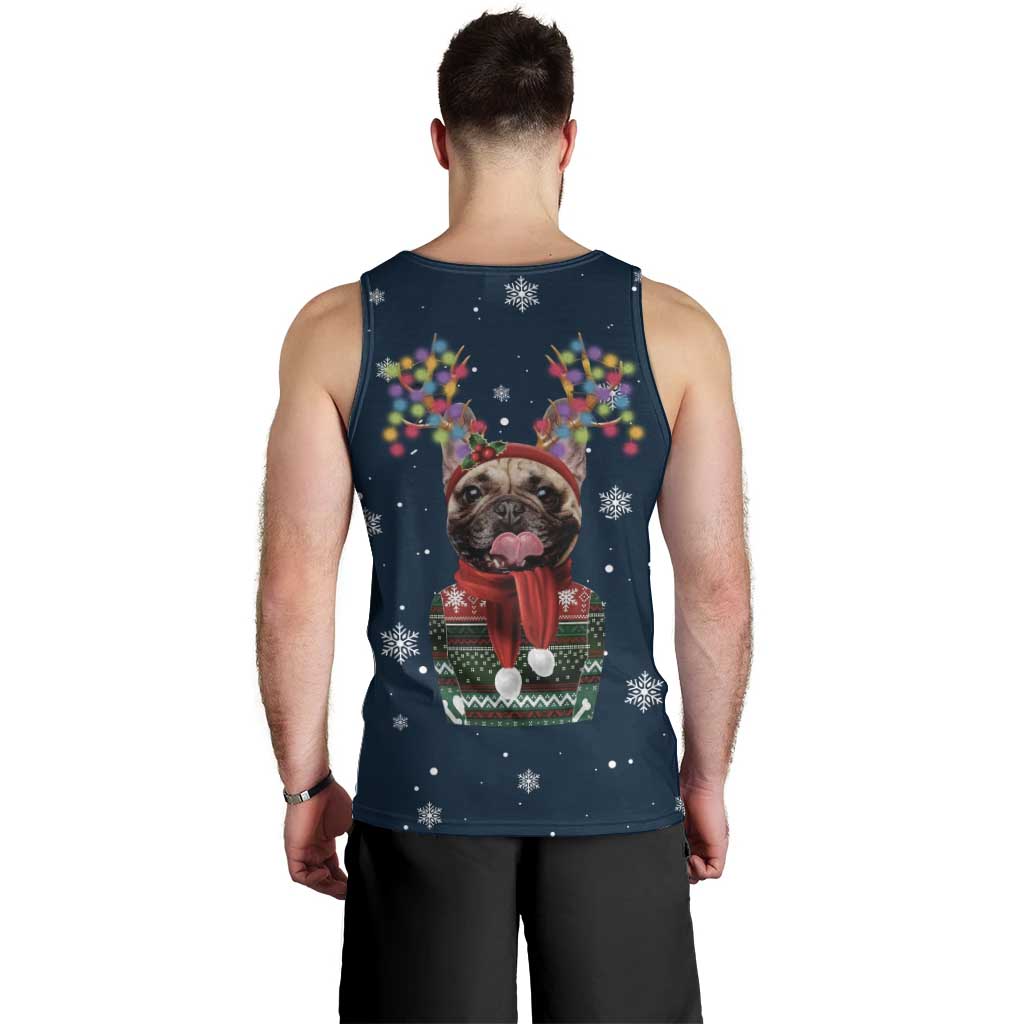 French Bulldog Reindeer Antlers Lights Men Tank Top with Red Green Winter Pattern Design - Wonder Print Shop