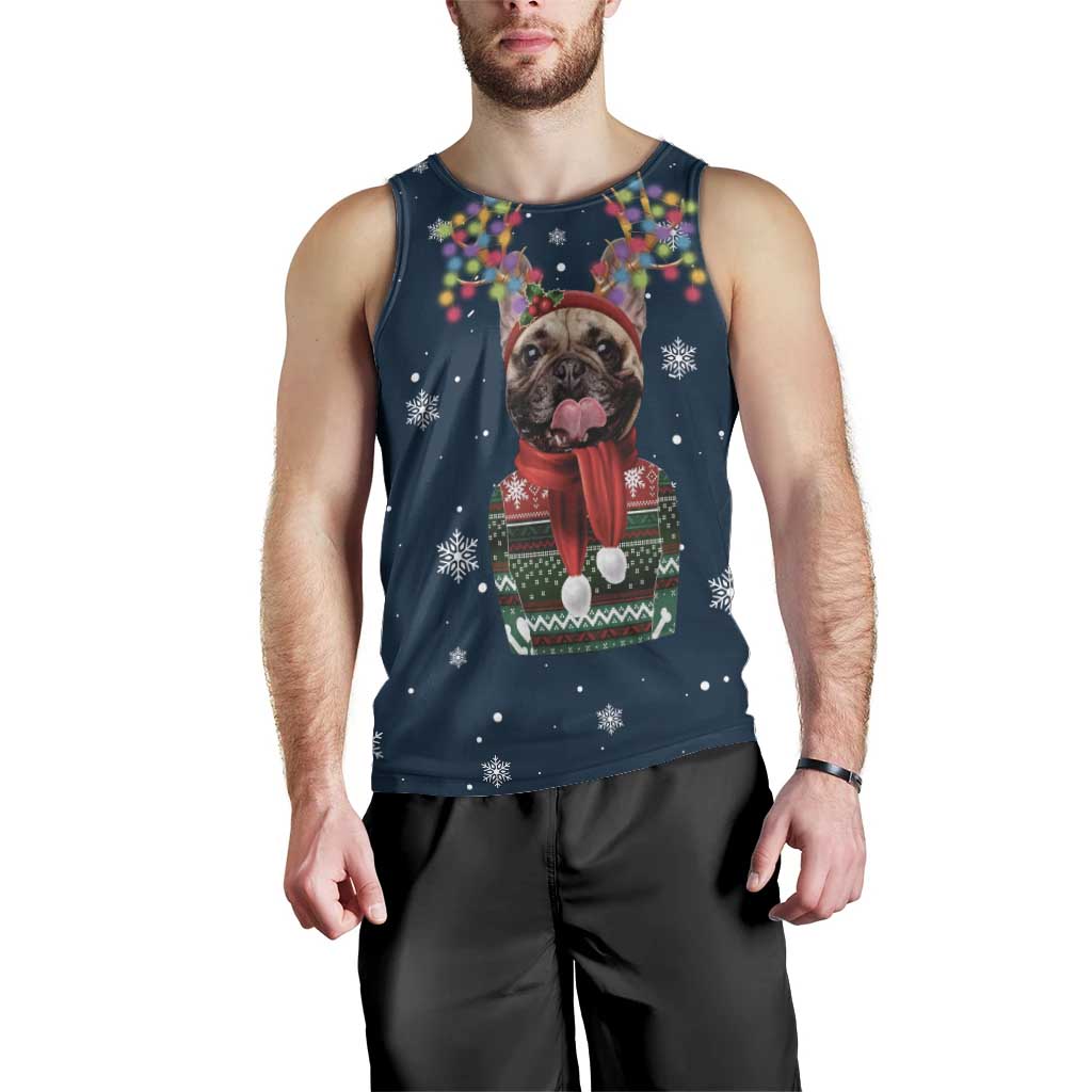 French Bulldog Reindeer Antlers Lights Men Tank Top with Red Green Winter Pattern Design - Wonder Print Shop
