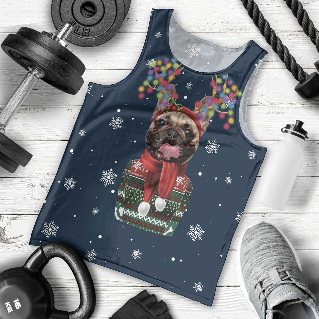 French Bulldog Reindeer Antlers Lights Men Tank Top with Red Green Winter Pattern Design - Wonder Print Shop
