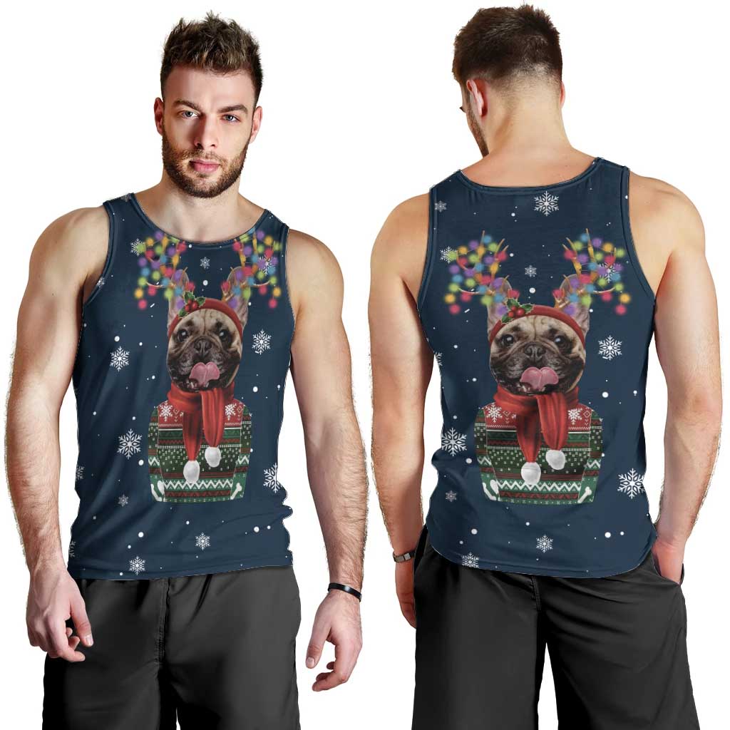 French Bulldog Reindeer Antlers Lights Men Tank Top with Red Green Winter Pattern Design - Wonder Print Shop