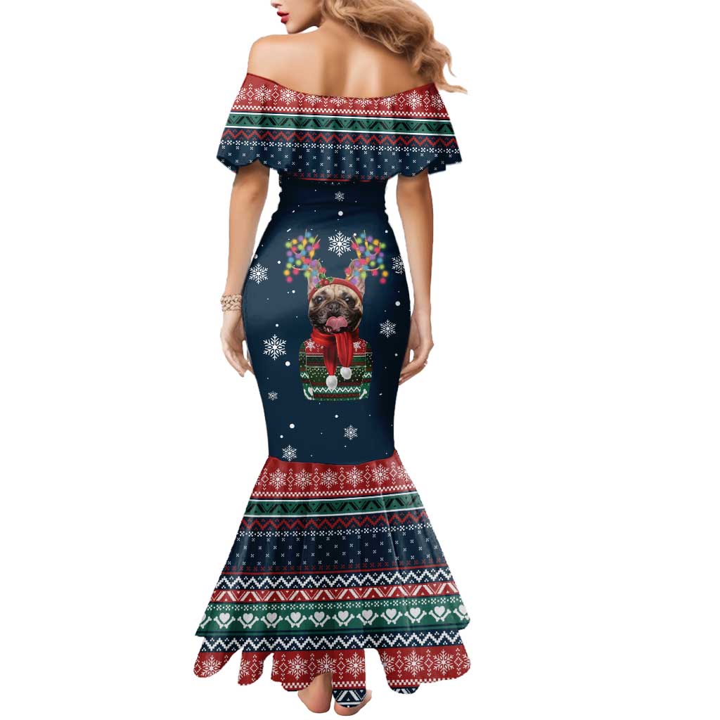 French Bulldog Reindeer Antlers Lights Mermaid Dress with Red Green Winter Pattern Design - Wonder Print Shop