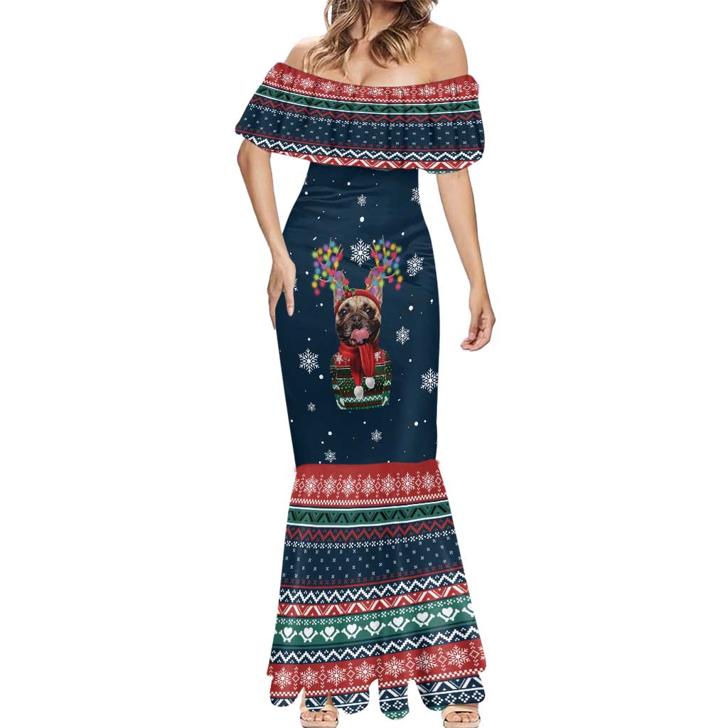 French Bulldog Reindeer Antlers Lights Mermaid Dress with Red Green Winter Pattern Design - Wonder Print Shop