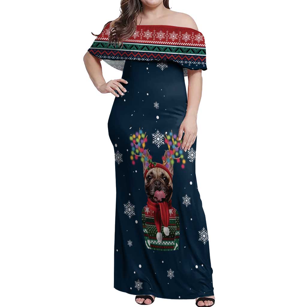 French Bulldog Reindeer Antlers Lights Off Shoulder Maxi Dress with Red Green Winter Pattern Design - Wonder Print Shop