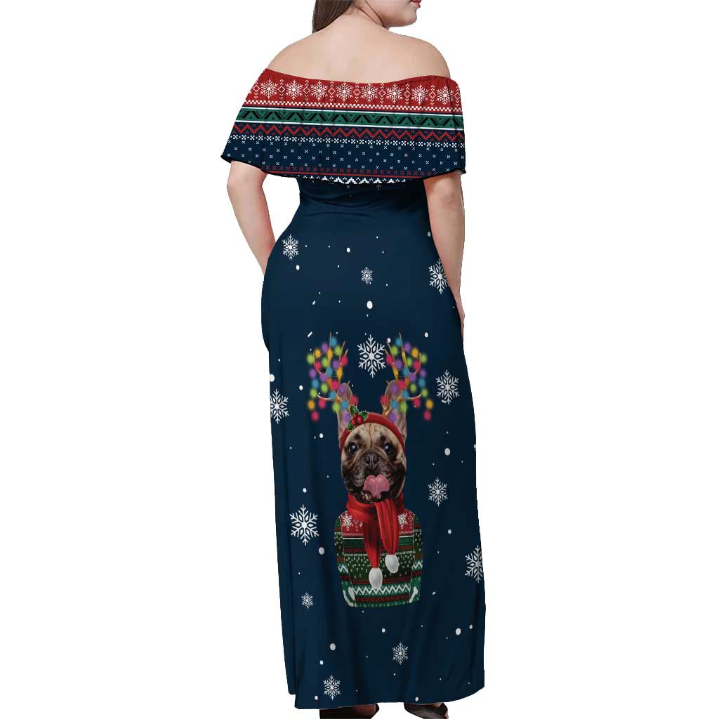 French Bulldog Reindeer Antlers Lights Off Shoulder Maxi Dress with Red Green Winter Pattern Design - Wonder Print Shop