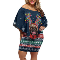 French Bulldog Reindeer Antlers Lights Off Shoulder Short Dress with Red Green Winter Pattern Design - Wonder Print Shop