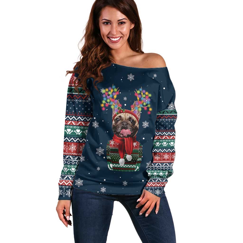 French Bulldog Reindeer Antlers Lights Off Shoulder Sweater with Red Green Winter Pattern Design - Wonder Print Shop