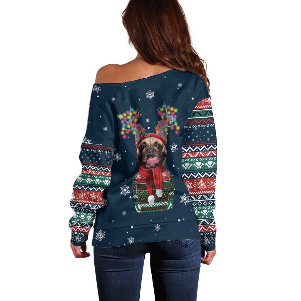 French Bulldog Reindeer Antlers Lights Off Shoulder Sweater with Red Green Winter Pattern Design - Wonder Print Shop