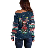 French Bulldog Reindeer Antlers Lights Off Shoulder Sweater with Red Green Winter Pattern Design - Wonder Print Shop