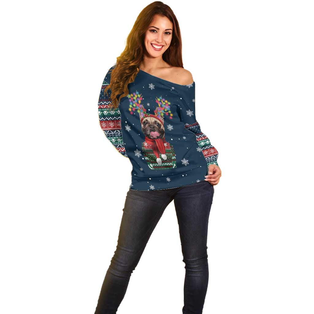 French Bulldog Reindeer Antlers Lights Off Shoulder Sweater with Red Green Winter Pattern Design - Wonder Print Shop