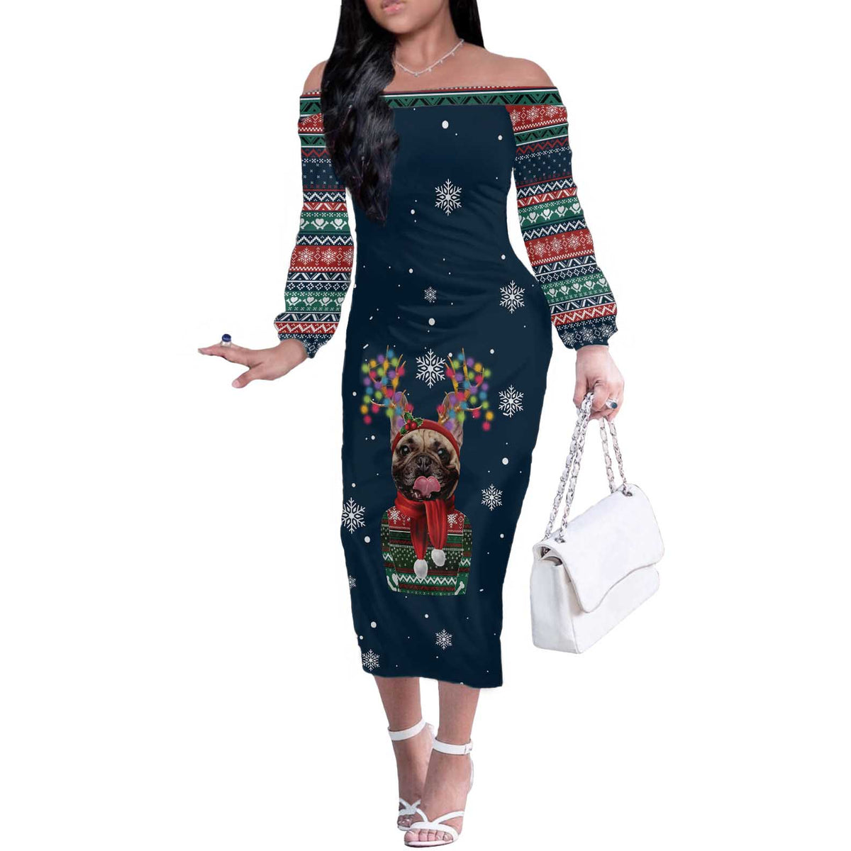 French Bulldog Reindeer Antlers Lights Off The Shoulder Long Sleeve Dress with Red Green Winter Pattern Design - Wonder Print Shop