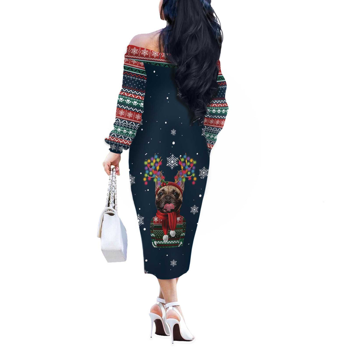 French Bulldog Reindeer Antlers Lights Off The Shoulder Long Sleeve Dress with Red Green Winter Pattern Design - Wonder Print Shop
