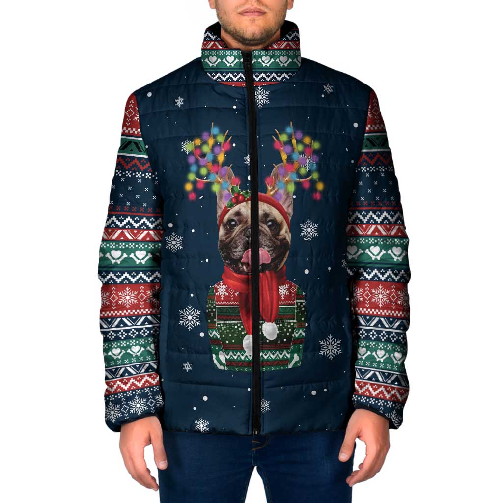 French Bulldog Reindeer Antlers Lights Padded Jacket with Red Green Winter Pattern Design - Wonder Print Shop