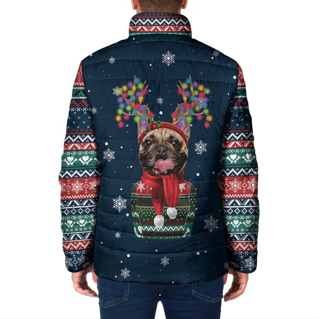 French Bulldog Reindeer Antlers Lights Padded Jacket with Red Green Winter Pattern Design - Wonder Print Shop