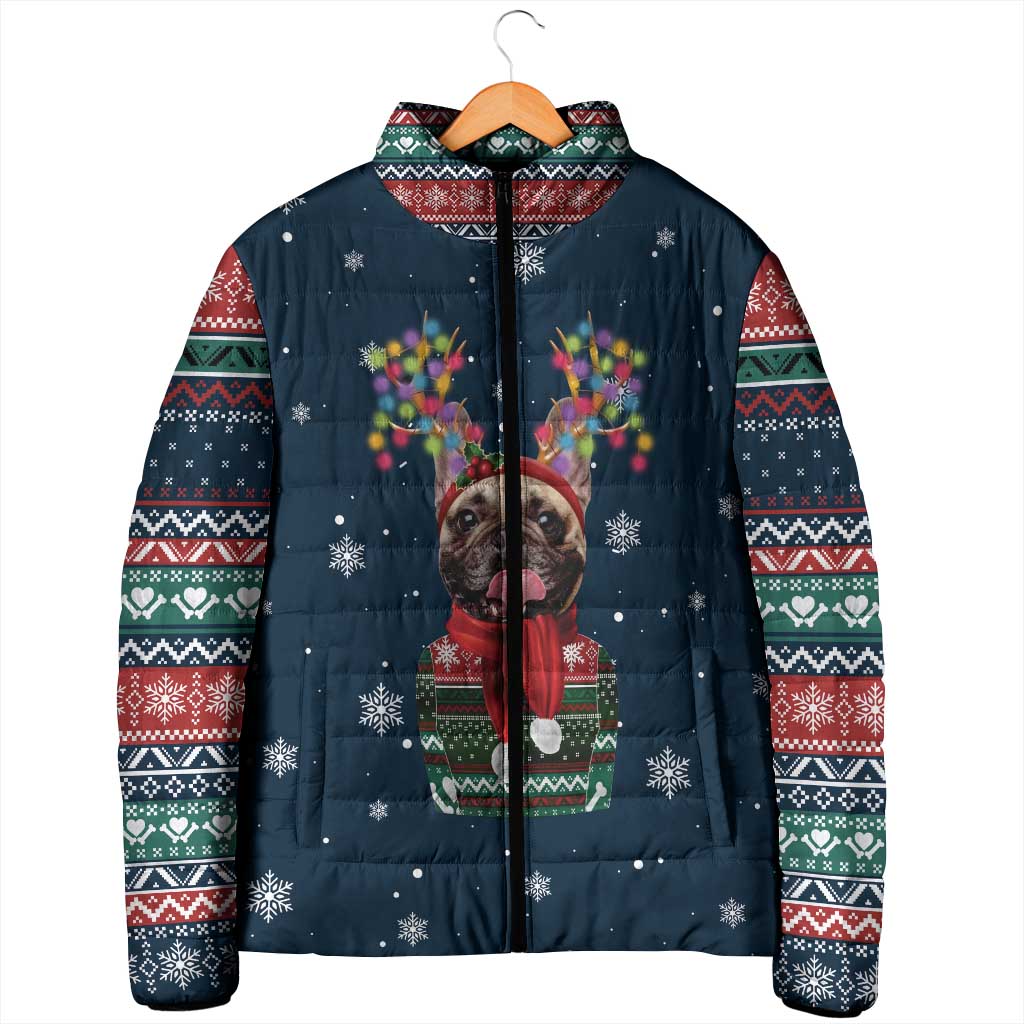 French Bulldog Reindeer Antlers Lights Padded Jacket with Red Green Winter Pattern Design - Wonder Print Shop