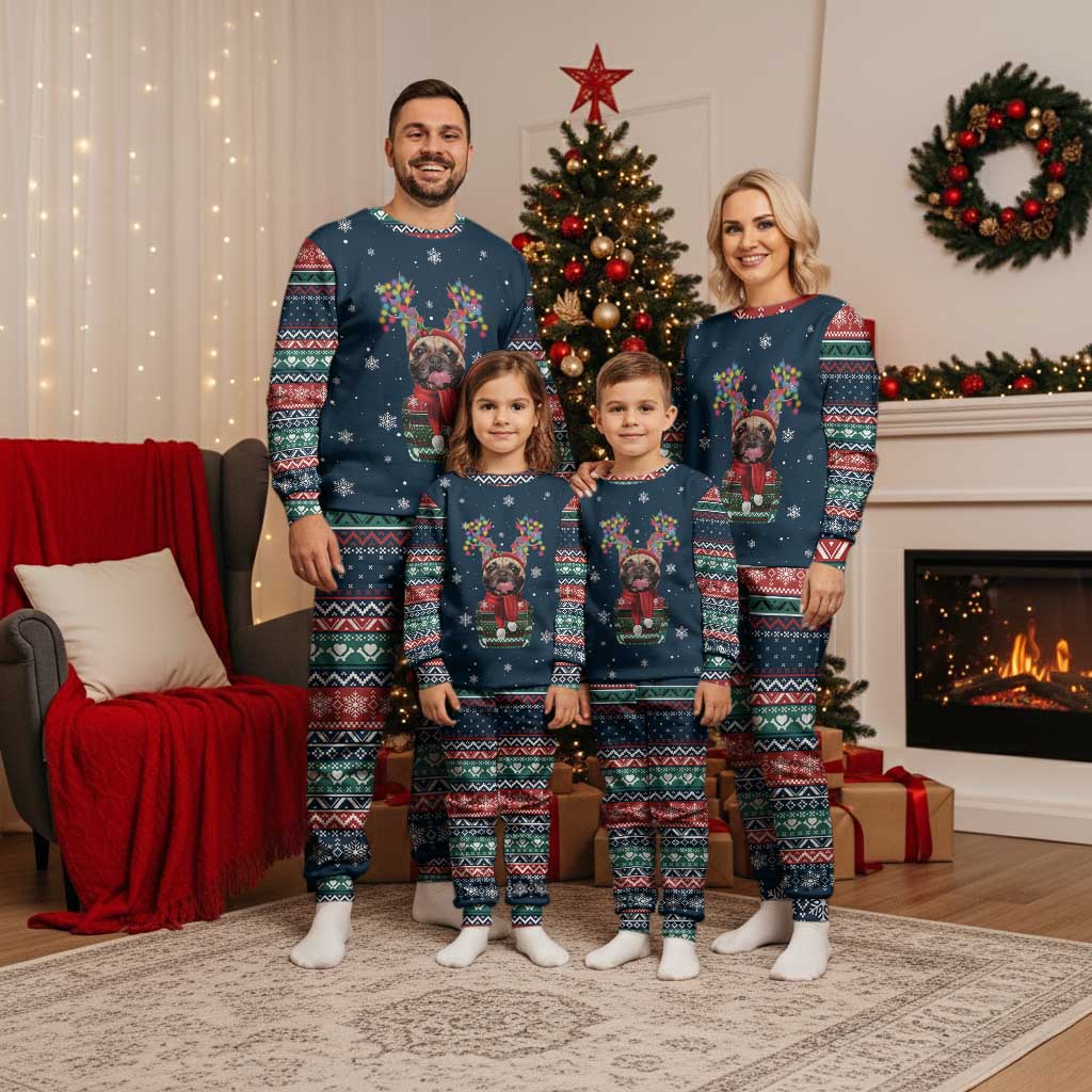 French Bulldog Reindeer Antlers Lights Christmas Pajama Set with Red Green Winter Pattern Design - Wonder Print Shop