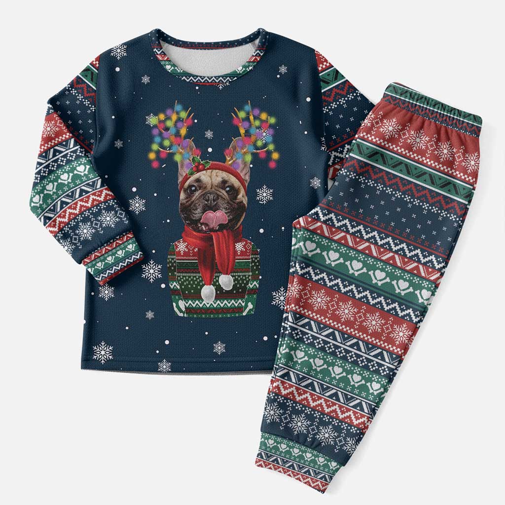 French Bulldog Reindeer Antlers Lights Christmas Pajama Set with Red Green Winter Pattern Design - Wonder Print Shop