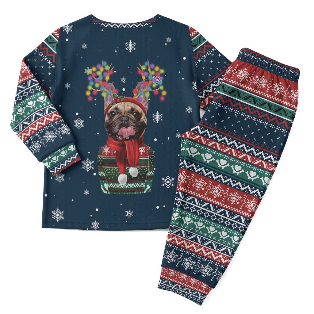 French Bulldog Reindeer Antlers Lights Christmas Pajama Set with Red Green Winter Pattern Design - Wonder Print Shop