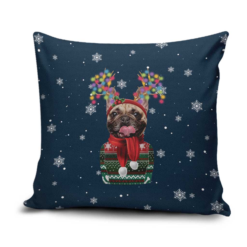 French Bulldog Reindeer Antlers Lights Pillow Cover with Red Green Winter Pattern Design - Wonder Print Shop