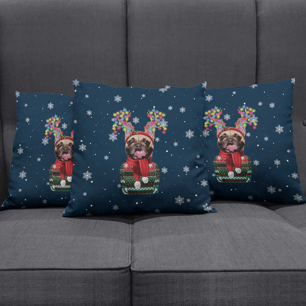 French Bulldog Reindeer Antlers Lights Pillow Cover with Red Green Winter Pattern Design - Wonder Print Shop