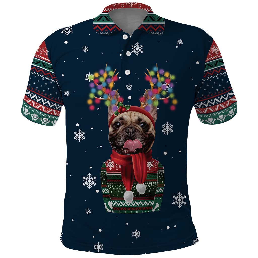 French Bulldog Reindeer Antlers Lights Polo Shirt with Red Green Winter Pattern Design - Wonder Print Shop