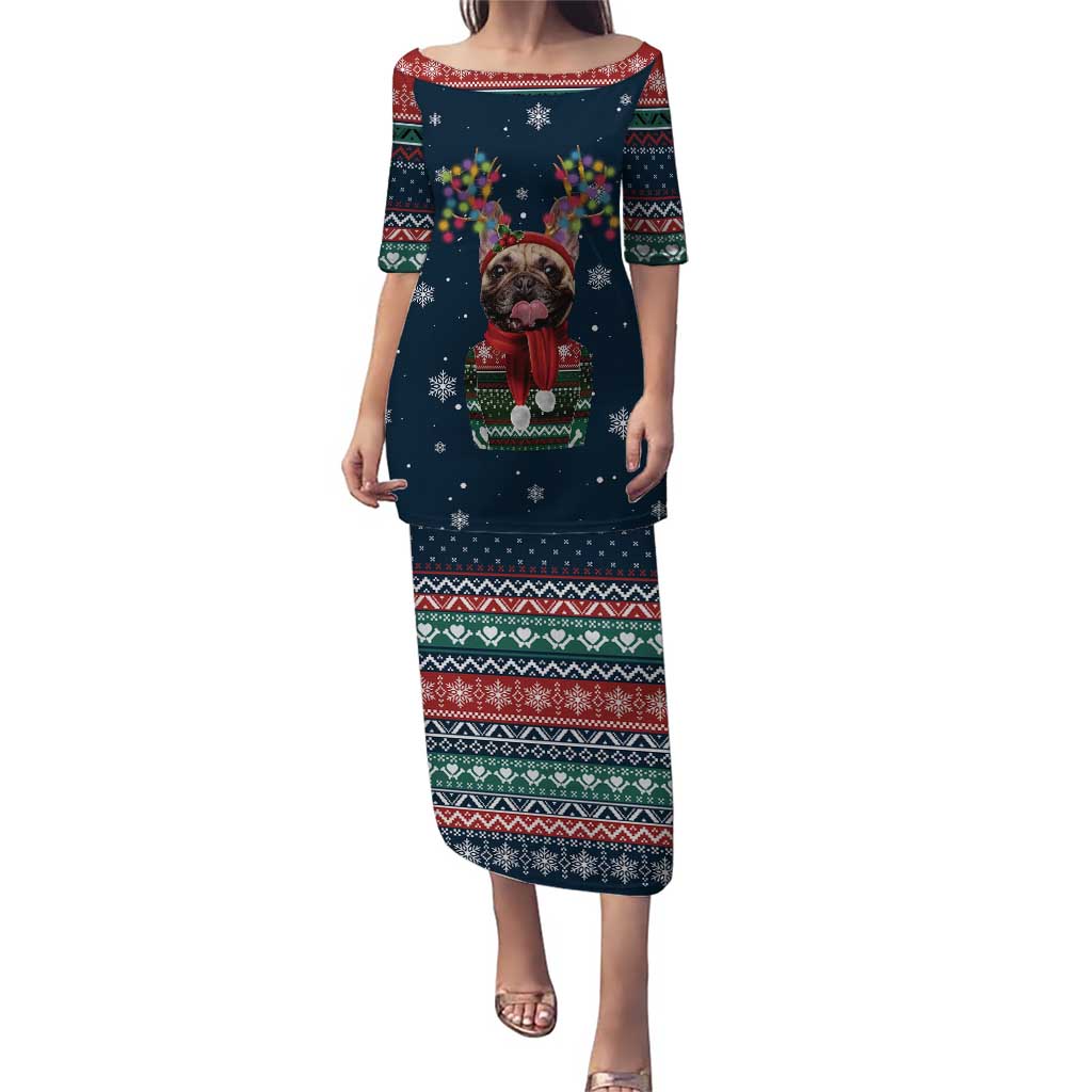 French Bulldog Reindeer Antlers Lights Puletasi with Red Green Winter Pattern Design - Wonder Print Shop