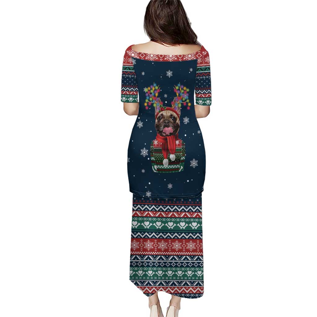 French Bulldog Reindeer Antlers Lights Puletasi with Red Green Winter Pattern Design - Wonder Print Shop