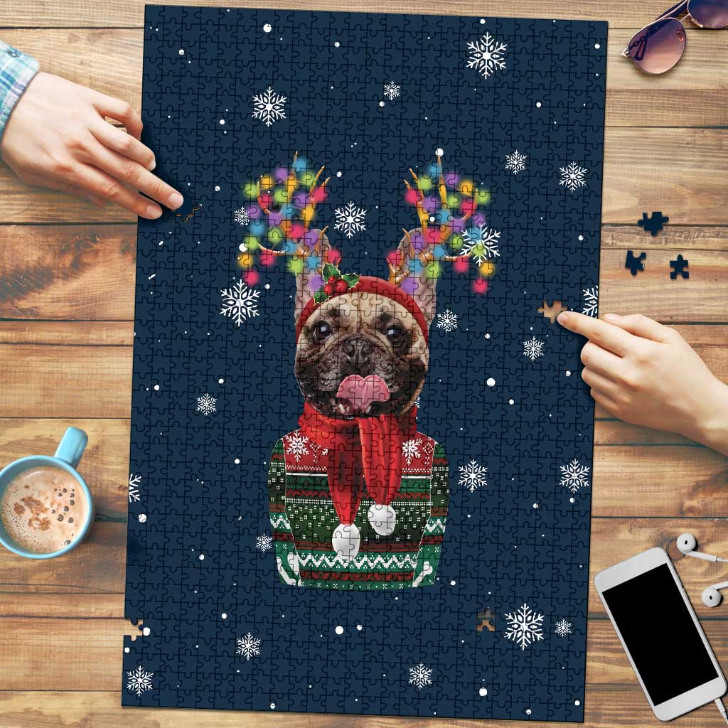French Bulldog Reindeer Antlers Lights Puzzle with Red Green Winter Pattern Design - Wonder Print Shop