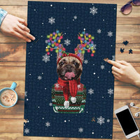 French Bulldog Reindeer Antlers Lights Puzzle with Red Green Winter Pattern Design - Wonder Print Shop