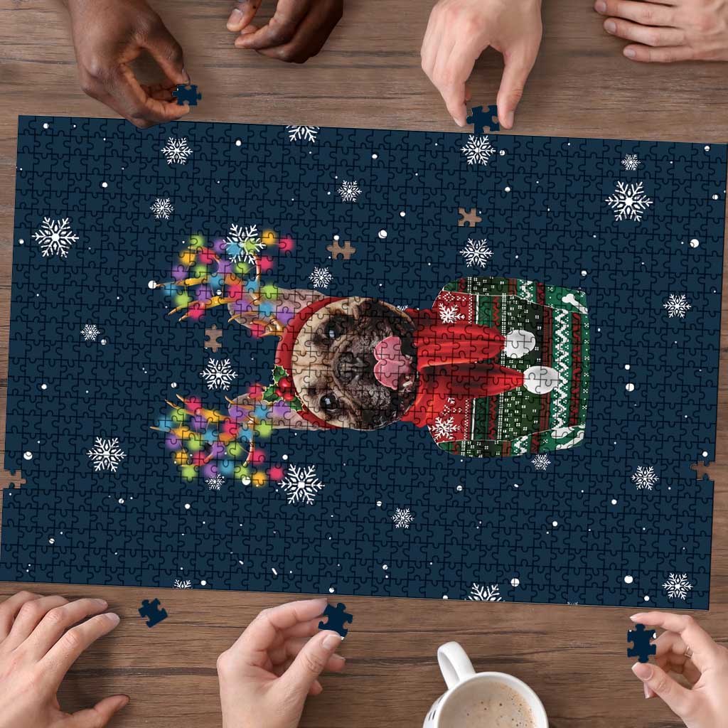 French Bulldog Reindeer Antlers Lights Puzzle with Red Green Winter Pattern Design - Wonder Print Shop