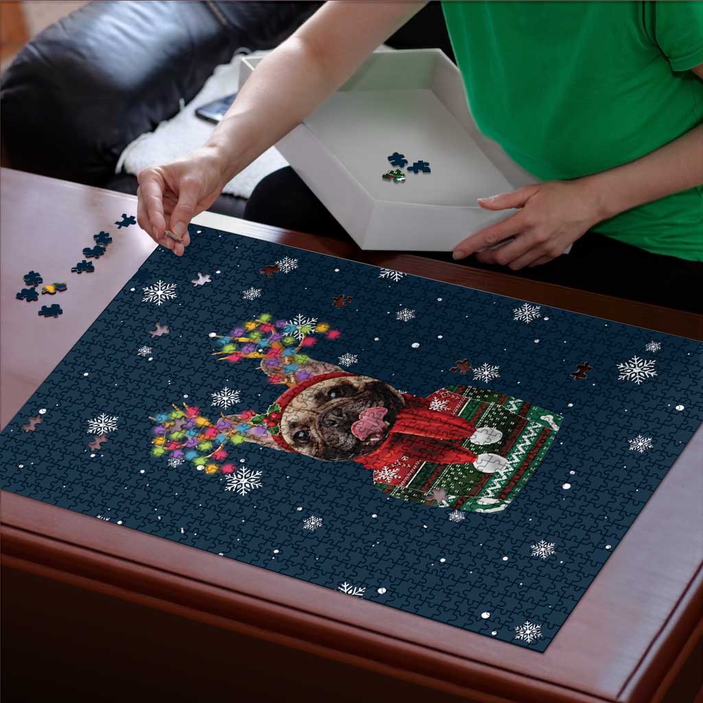 French Bulldog Reindeer Antlers Lights Puzzle with Red Green Winter Pattern Design - Wonder Print Shop