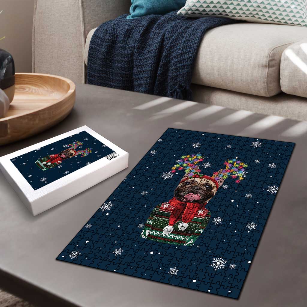 French Bulldog Reindeer Antlers Lights Puzzle with Red Green Winter Pattern Design - Wonder Print Shop