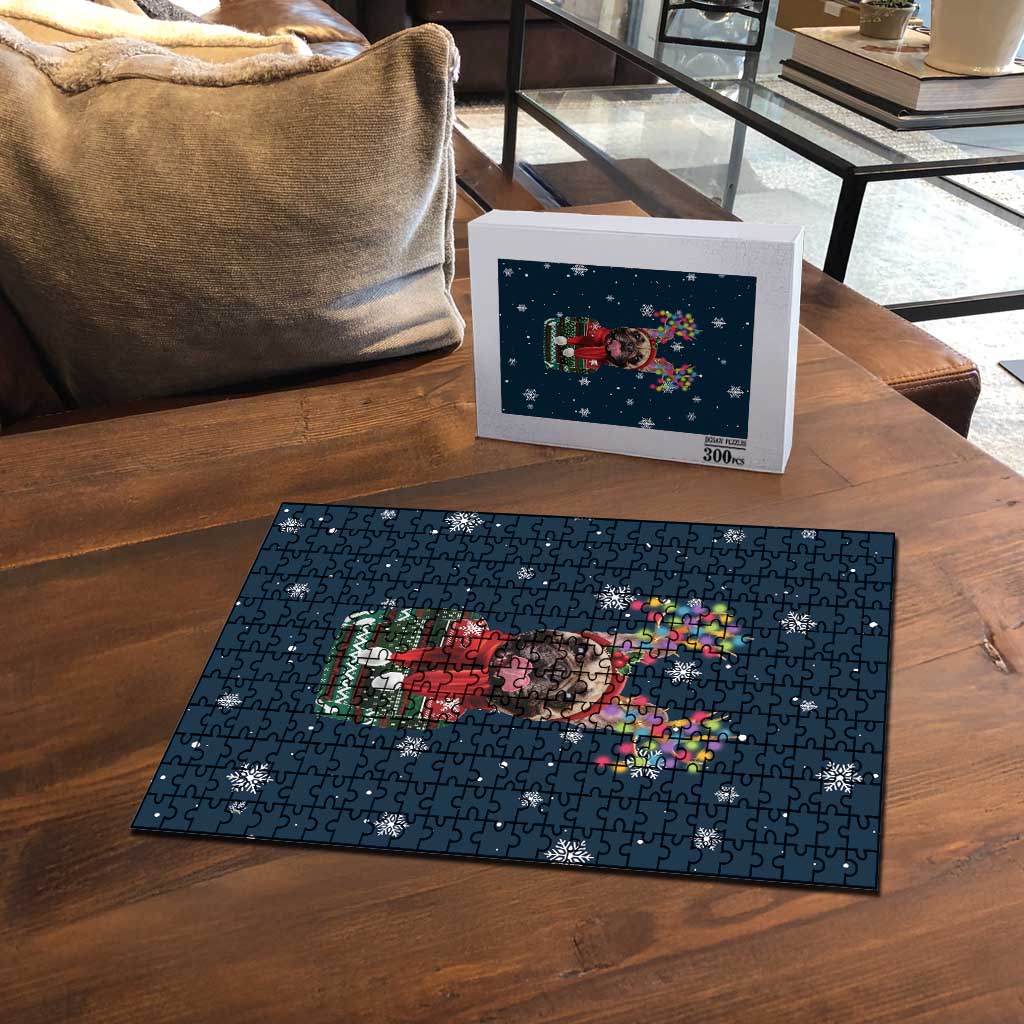 French Bulldog Reindeer Antlers Lights Puzzle with Red Green Winter Pattern Design - Wonder Print Shop