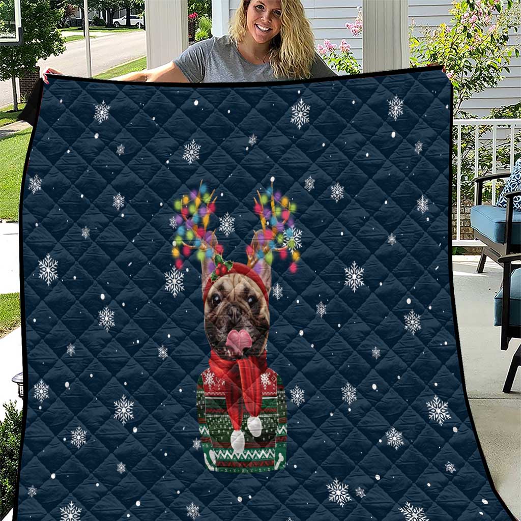French Bulldog Reindeer Antlers Lights Quilt with Red Green Winter Pattern Design - Wonder Print Shop