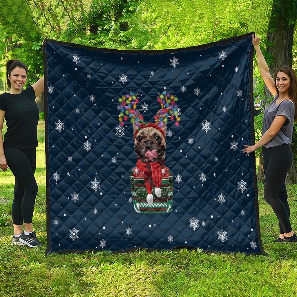 French Bulldog Reindeer Antlers Lights Quilt with Red Green Winter Pattern Design - Wonder Print Shop