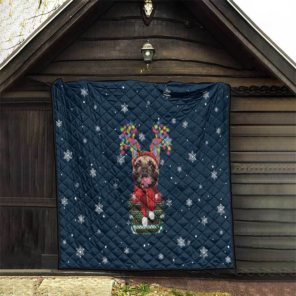French Bulldog Reindeer Antlers Lights Quilt with Red Green Winter Pattern Design - Wonder Print Shop