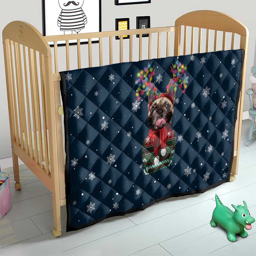French Bulldog Reindeer Antlers Lights Quilt with Red Green Winter Pattern Design - Wonder Print Shop