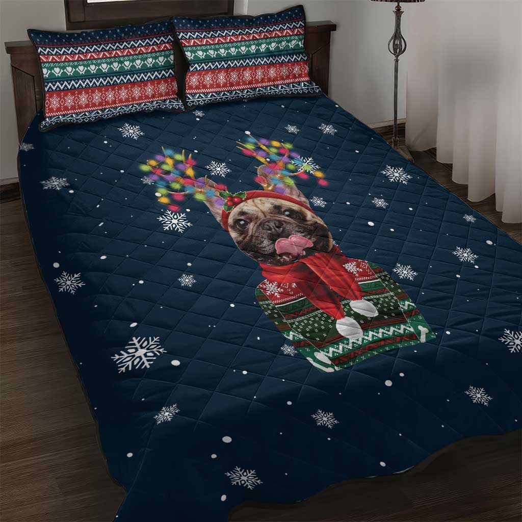 French Bulldog Reindeer Antlers Lights Quilt Bed Set with Red Green Winter Pattern Design - Wonder Print Shop