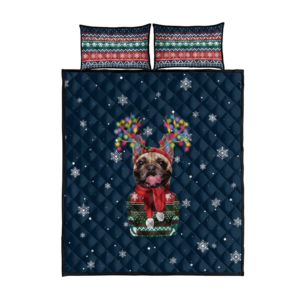 French Bulldog Reindeer Antlers Lights Quilt Bed Set with Red Green Winter Pattern Design - Wonder Print Shop