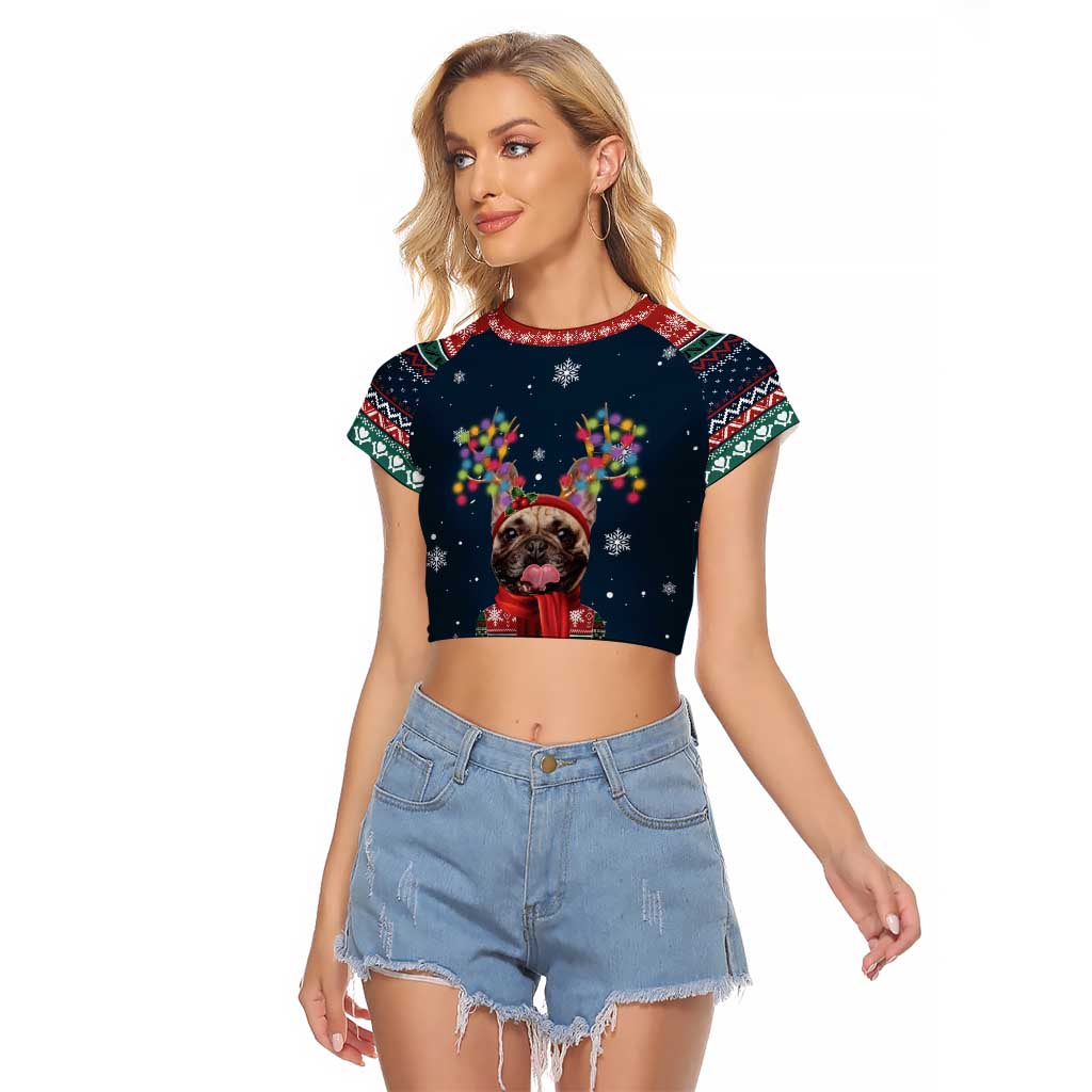French Bulldog Reindeer Antlers Lights Raglan Cropped T Shirt with Red Green Winter Pattern Design - Wonder Print Shop