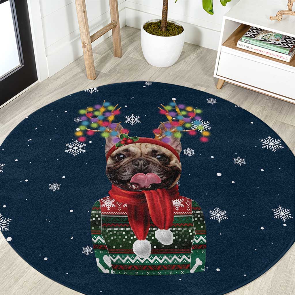 French Bulldog Reindeer Antlers Lights Round Carpet with Red Green Winter Pattern Design - Wonder Print Shop