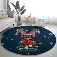 French Bulldog Reindeer Antlers Lights Round Carpet with Red Green Winter Pattern Design - Wonder Print Shop