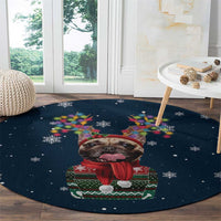 French Bulldog Reindeer Antlers Lights Round Carpet with Red Green Winter Pattern Design - Wonder Print Shop