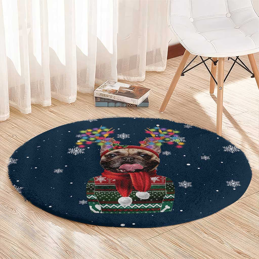 French Bulldog Reindeer Antlers Lights Round Carpet with Red Green Winter Pattern Design - Wonder Print Shop