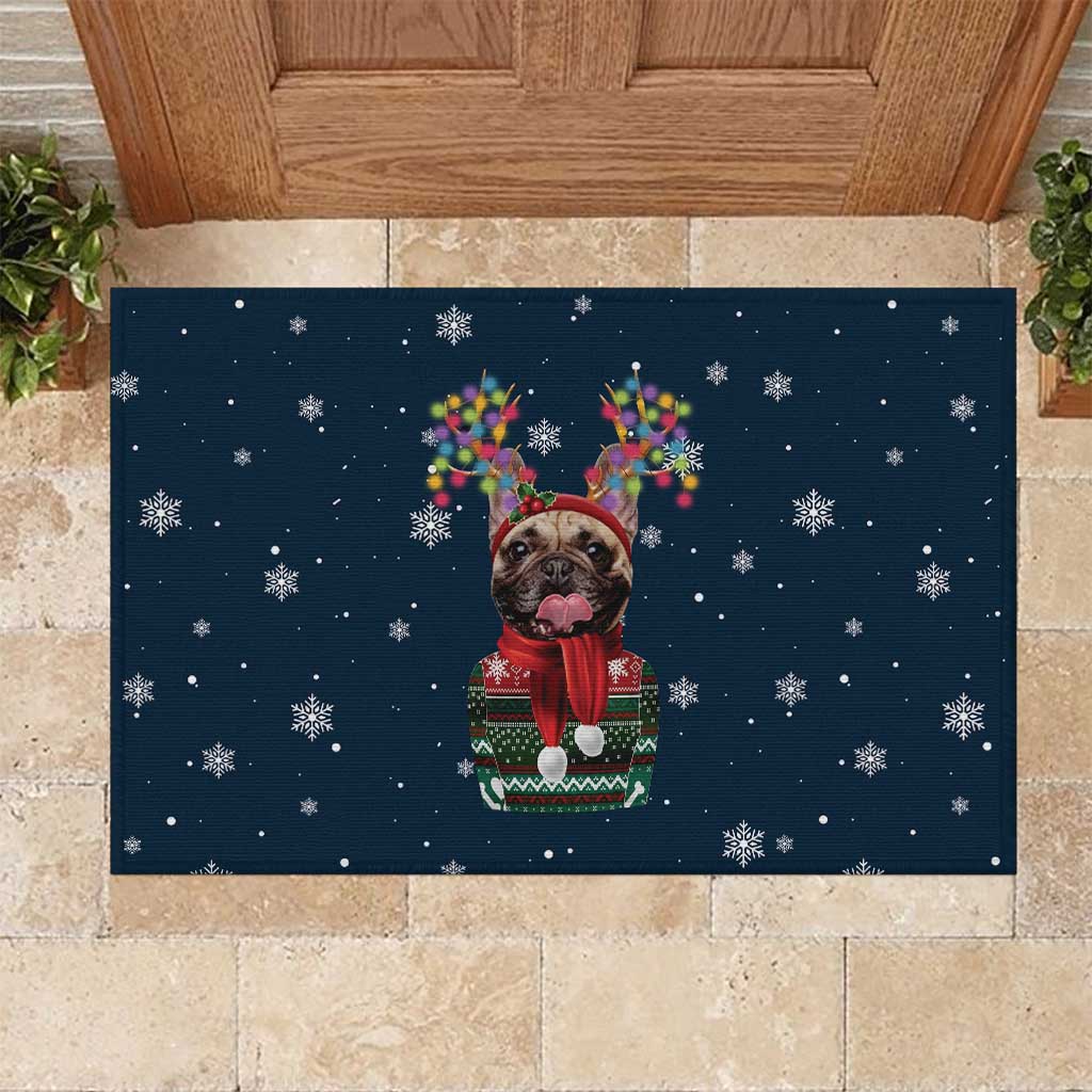 French Bulldog Reindeer Antlers Lights Rubber Doormat with Red Green Winter Pattern Design - Wonder Print Shop