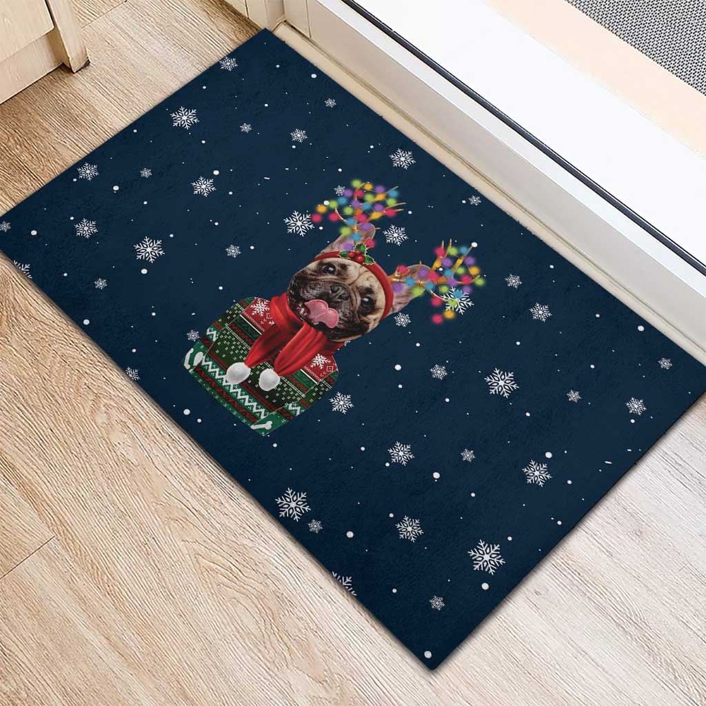 French Bulldog Reindeer Antlers Lights Rubber Doormat with Red Green Winter Pattern Design - Wonder Print Shop