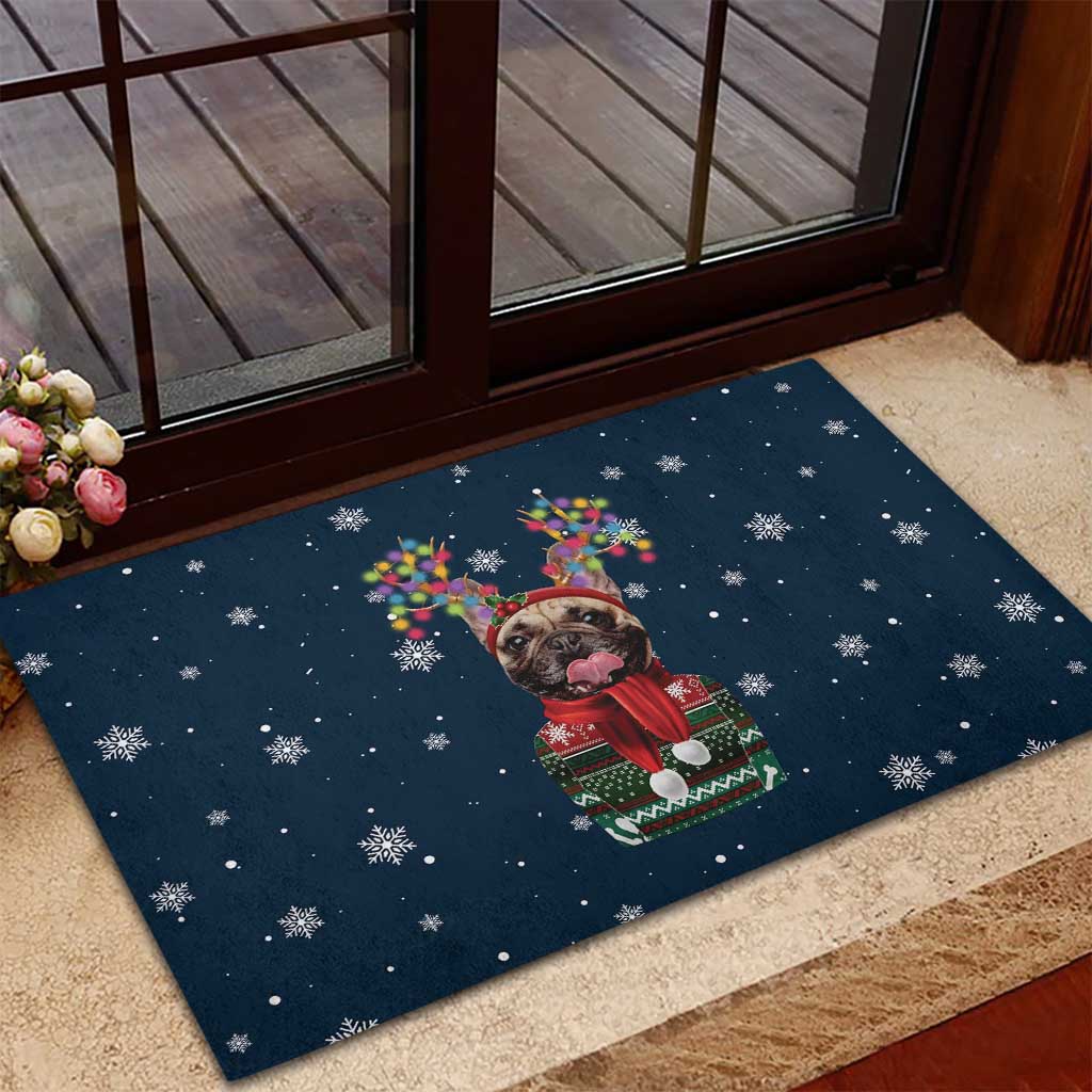 French Bulldog Reindeer Antlers Lights Rubber Doormat with Red Green Winter Pattern Design - Wonder Print Shop