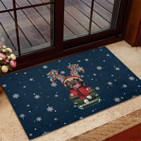 French Bulldog Reindeer Antlers Lights Rubber Doormat with Red Green Winter Pattern Design - Wonder Print Shop