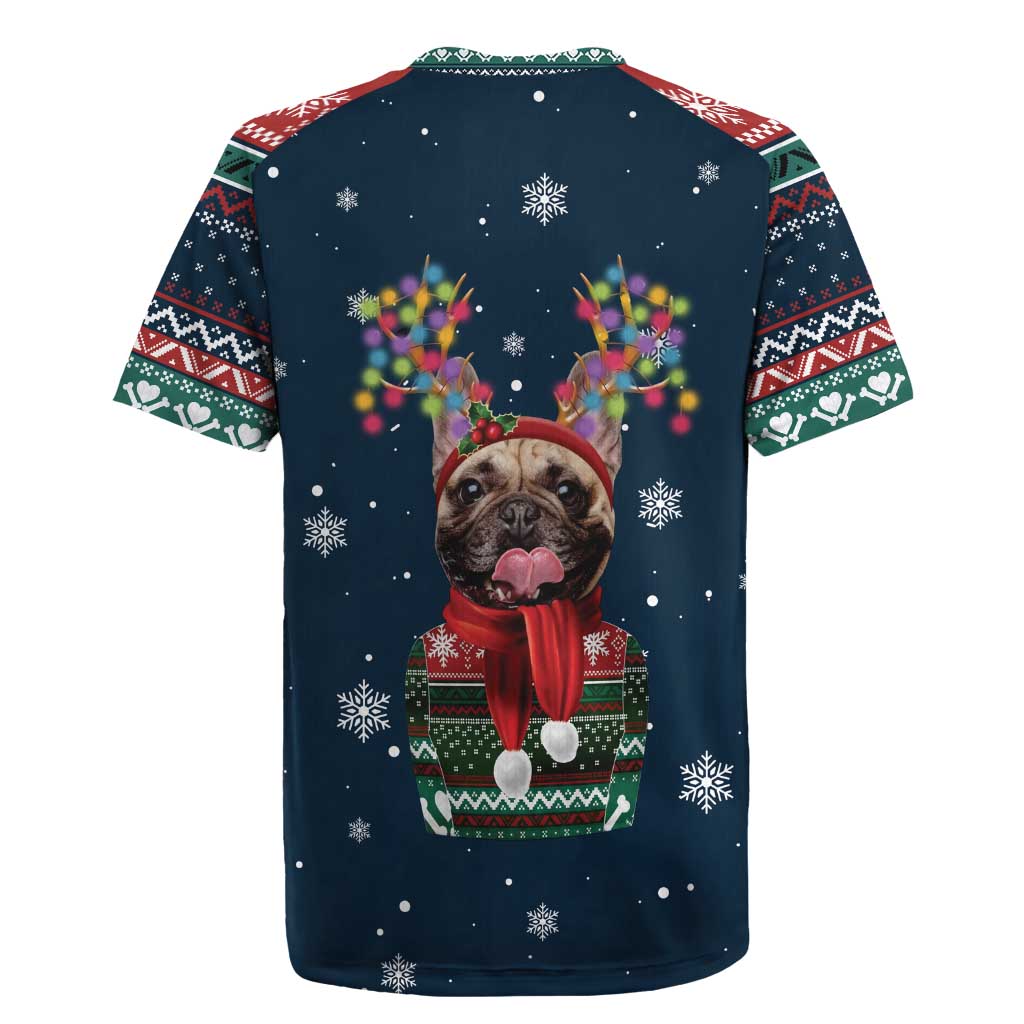 French Bulldog Reindeer Antlers Lights Rugby Jersey with Red Green Winter Pattern Design - Wonder Print Shop