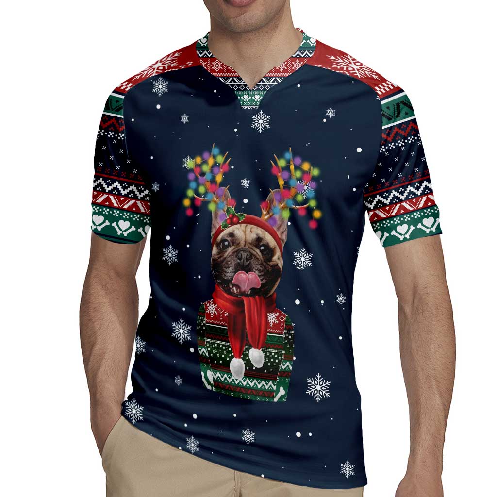 French Bulldog Reindeer Antlers Lights Rugby Jersey with Red Green Winter Pattern Design - Wonder Print Shop